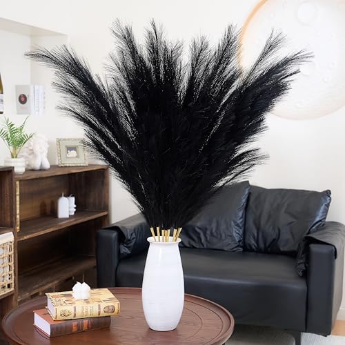 Premium Faux Black Pampas Grass Decor 8pcs 43.3″ – Jet Black Tall Dramatic Feather Flowers, No Assembly 18-Branch One-Piece Stems for Modern Gothic Wedding & Luxe Home Decor, Floor Vase Statement - color: Faux Black, size: 8pcs 43.3"(110cm)