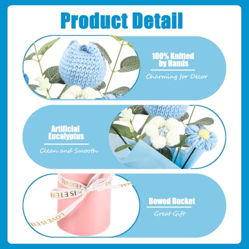 Crochet Flower Bouquet for Gift: Handmade Knitted Tulip Bouquet for Birthday Wedding Festival Valentine's Day Graduation Home Decor (Blue) - color: Blue