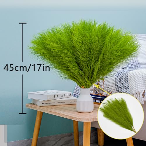 Faux Pampas Grass Decor - 10 Stems 17.7" Artificial Pampas Grass Bouquet Small Pompas Floral Arrangement and Vase Filler for Boho Home Wedding Mothers Day Decoration（Green） - color: Grass Green