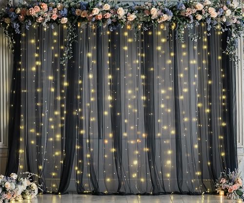 Black Sheer Backdrop Curtains with Lights String for Parties Birthday 10ft × 8ft Black Tulle Backdrop Curtain for Baby Shower Wedding Graduation Halloween Party Photo Shoot Decorations - color: Black, size: 10 ft X 8 ft(2 Panels 5ft X 8ft)