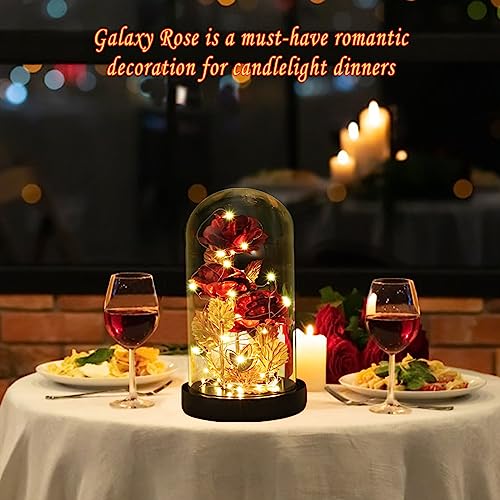 Valentines Day Gifts for Her,Beauty and The Beast Rose Birthday Gift,Galaxy Flower Rose with 2 Light Modes,Colorful Crystal Flower Enchanted Rose in Glass Dome,Womens Gifts for Mom Wife Girlfriend - color: Red