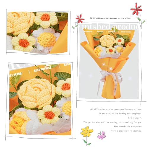 Crochet Flowers,Crochet Rose Flower, Crochet Bouquet Packaging Flowers Suitable for Table Decoration, Gifts for Mom,Women,Girlfriend Mother‘s Day,Valentine's Birthday Wedding Gift (Yellow) - color: Yellow