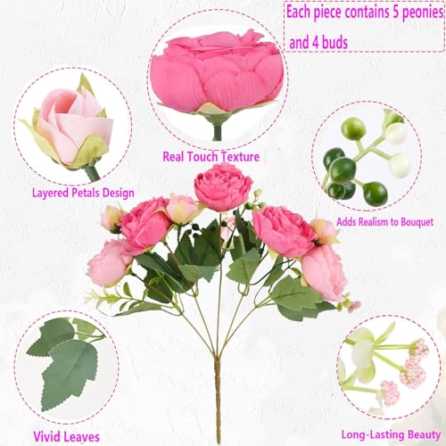 peonies artificial flowers 12 Bundles pink flowers bouquet, Lifelike Silk Fake Peonies with Stems for Home Table Centerpieces, Wedding, Party & DIY Bridal Floral Arrangements (Rose red + pink) - color: Rose Red + Pink
