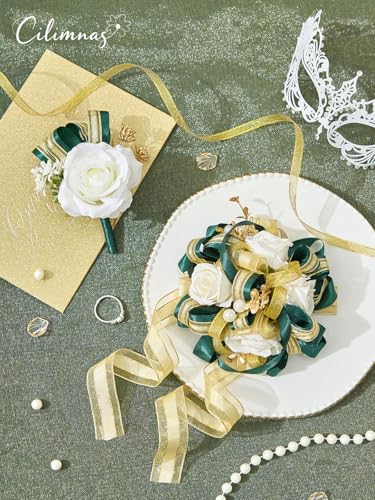 Prom Corsage and Boutonniere Set, Artificial Silk Ivory Rose Wrist Corsage with Dark Green Ribbon for Homecoming, Formal Dance Party, Wedding, Graduation, Anniversary - color: A-green&white