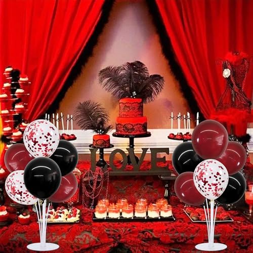 TONIFUL 4 Set Wine Red and Black Balloon Centerpieces for Table,Balloon Stand Kit for Black Red Party Decor 2026 Graduation,Wedding,Chinese New Year,Retirement,Halloween,Birthday Party Decorations - color: Black Wine Red Confetti