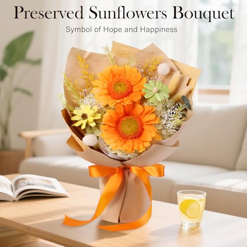 Forever Flowers for Delivery - Preserved Sunflowers Bouquet, Real Sunflowers That Last 3 Years, Eternal flowers Bouquet, Mothers Day Gifts for Mom Grandma Wife, Anniversary Birthday Gifts for Women - color: Orange