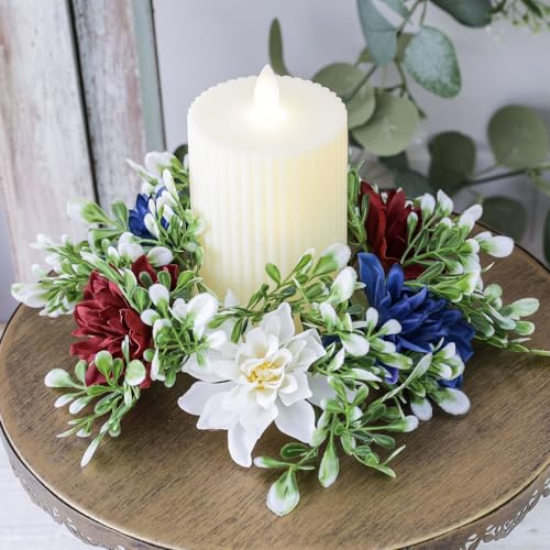 4th of July Candle Rings Artificial Flower Wreath Red Blue White Patriotic Candle Holder 9.84" Tables Centerpieces Home Farmhouse Decor for Independence Day Memorial Day - color: 4th of July