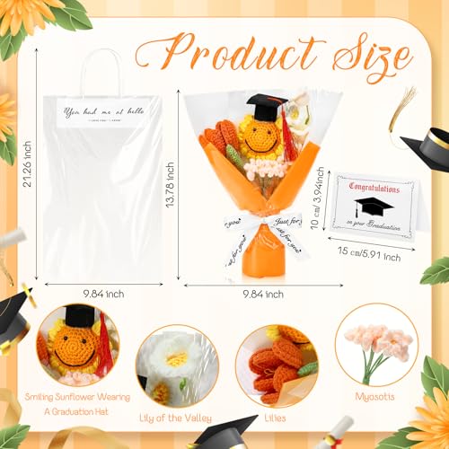 2026 Graduation Crochet Flowers Bouquet Gifts Class of 2026 Graduation Gift for Her Sunflower Mortarboard with Greeting Cards Bag Handmade Knitted Artificial Flowers for Grad(Yellow) - color: Yellow