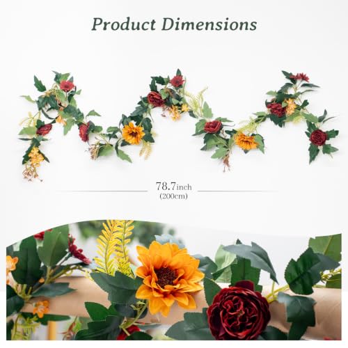 MAKHOT 2Pack Artificial Maple Leaves and Sunflowers Burgundy Roses Garland | Fake Flower Gypsophila Vine Garlands Decor, Floral Flower Greenery Garland for Wedding Home Table Decor - color: Green & Ren-2pcs