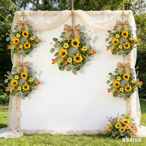 6 Pcs Summer Sunflower Mini Hanging Wreaths for Cabinets Artificial Small Candle Ring Wreaths with Daisy Flower and Eucalyptus Leaves for Home Kitchen Front Door Window Farmhouse Porch Wall Decor - color: Yellow