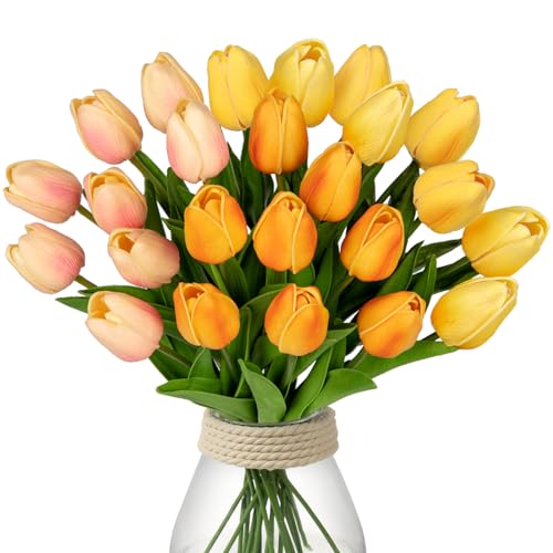 24 Pcs Artificial Tulips Flowers Mixcolor Real Touch Fake Tulips Fake Flowers for Mother's Day 13.5" Faux Tulips Faux Flowers Bulk Artificial Tulips Flowers for Vase Centerpieces Home Wedding Bouquet - color: Mixcolor Style10 #24