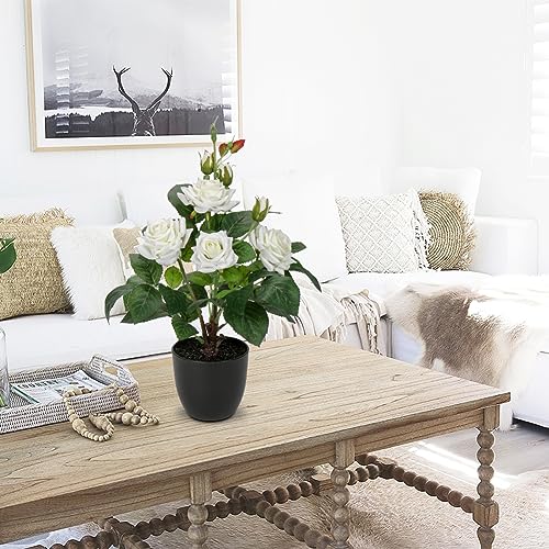 Hollyone Artificial Plants & Flowers with Vase White Roses Artificial Flowers Potted Plant Faux Silk Flower with Black Pot Fake Rose Flower Arrangement Home Decor Table Desk Decorations 15 Inch - color: Rose 1 - White (15inch)
