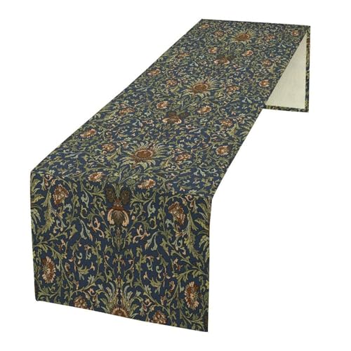 William Morris Style Plant Table Runner for Table Decor, Rustic Blue Art Flower Vintage Floral Botanical Bird Printed for Kitchen Dining Room Living Room Party Office Holiday Decorate 13" x 36" - color: William Morris_9, size: 13"W x 36"L (Pack of 1)