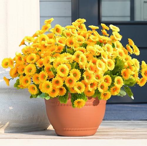Waipfaru Artificial Flowers for Outdoors Faux Plants, UV Resistant Artificial Outdoor Flowers, Yellow Silk Daisy Realistic Fake Mums Flower for Front Porch Spring Home Planter Patio Decor, 12 Bundles - color: Yellow, size: 12 PCS