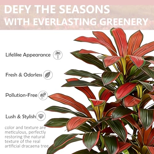 Artificial Red Dracaena Tree - 7FT Tall Fake Plants with Black Square Planter - Artificial Plants Indoor Floor Plant in Pot - Large Tropical Fake Yucca Potted Tree for Home Office Living Room Decor - color: Black-red Leaf, size: 7 FT