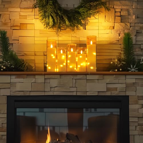 Homemory Flameless LED Candle with Embedded Star String Lights, Fake Candles with Remote Control & Timer, Battery Operated Candles, Amber, Set of 5 - color: Gold-5pcs, size: 5pcs, D2.2"x H5"5"6"7"8"