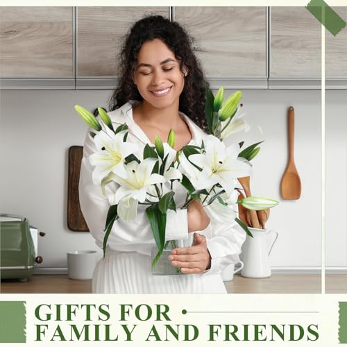 Dingion 6 Pcs 18 Heads Artificial Lily Flowers 31.5'' Mother's Day Lily Flowers Long Stem Fake Bouquet Latex Realistic 3 Big Flower Head 3 Bud for Tall Vase Home Table Wedding Decoration(White) - color: White