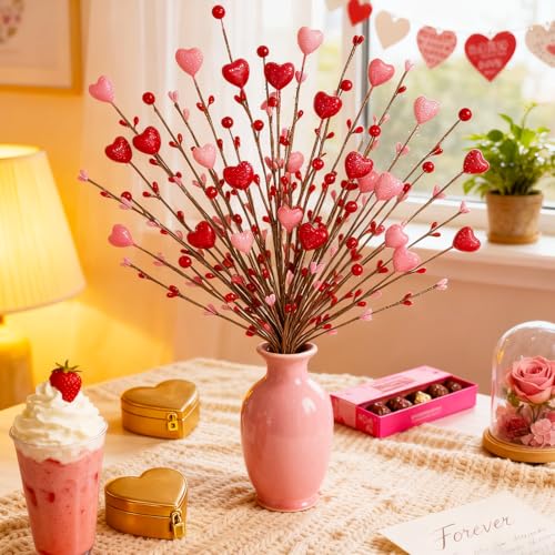 6 Pcs Artificial Berry Stems Pink Red Heart Shaped Flowers for Vase, Faux Branches for Wedding Anniversary Valentine’s Day Romantic Home Table Centerpieces Decor