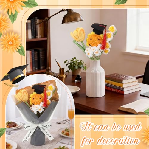2026 Graduation Crochet Flowers Bouquet Gifts Class of 2026 Graduation Gift for Her Sunflower Mortarboard with Greeting Cards Bag Handmade Knitted Artificial Flowers for Grad(Grey) - color: Grey