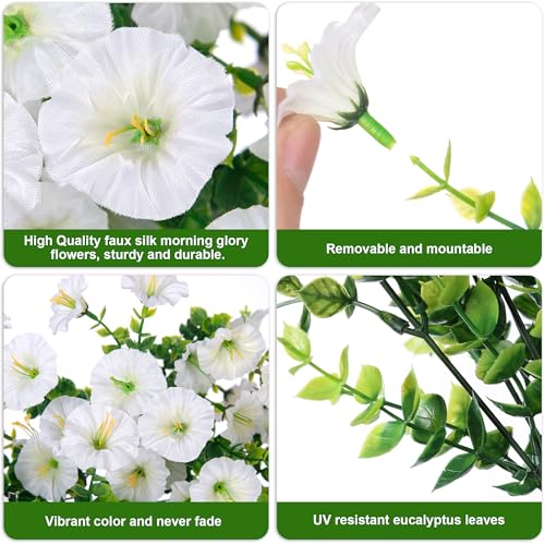 Artificial Faux Hanging Flowers Plants for Outdoor Decor,2 PCS Fake Silk Morning Glory with Eucalyptus UV Resistant Realistic Trailing Vines for Wall Home Porch Patio Balcony Yard Indoor Decor,White - color: White