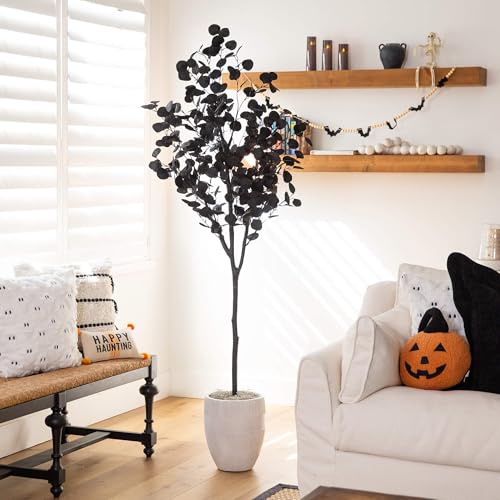 Nearly Natural 6ft Artificial Black Eucalyptus Halloween Tree - Modern Festive Decor for Spooky Atmosphere