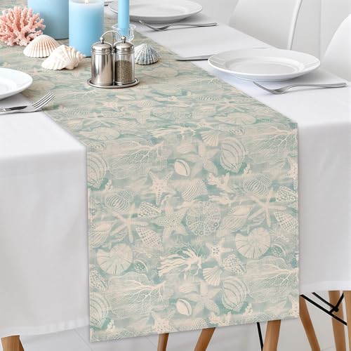 Larponder Summer Ocean Beach Table Runners, 13x108 Inch | Coastal Sea Shell Starfish Table Decoration, for Summer Holiday Kitchen Dinning Coffee Table Home Party Decor - color: Ocean-2, size: 13" x 108" (Rectangular)