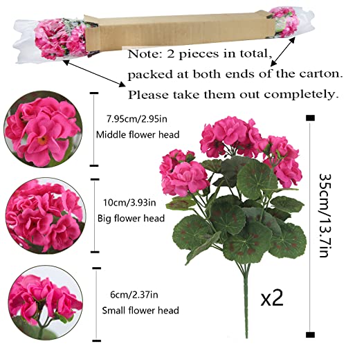 CISDUEO 2 Pcs Artificial Geraniums Outdoor Silk Flowers Rose Red Artificial Geranium Bush Faux Flowers Red Geraniums for Floral Home Decor Indoor Garden Patio Grave Cemetary Vase Table Centerpiece - color: Rose Red