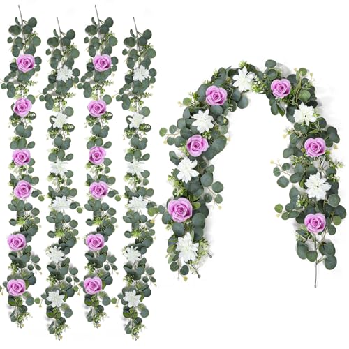 4 Pack Wedding Garland Set, Purple Rose & White Dahlia Hanging Flower Vines for Wedding Arch, Backdrop, Mantel, Home Decor (5.91ft) - color: Purple White