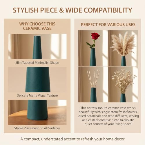 Ceramic Bud Vase, Tall Conic Single Stem Flower Holder, Minimalist Vase for Home Wedding Office Decor (Ink Green) - color: Green