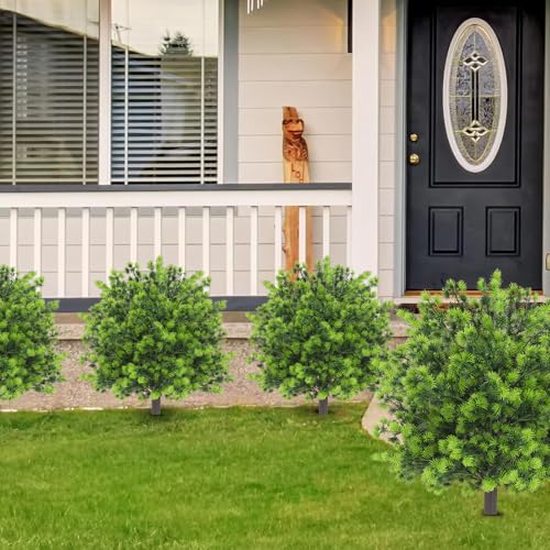 ENVEN Artificial Boxwood Topiary Ball Trees with Ground Spikes UV Resistant Faux Greenery Shrubs Fake Shrubs for Outdoors, Realistic Faux Plants Bushes for Garden Porch Yard Patio Decor (Green Pine) - color: Green Pine