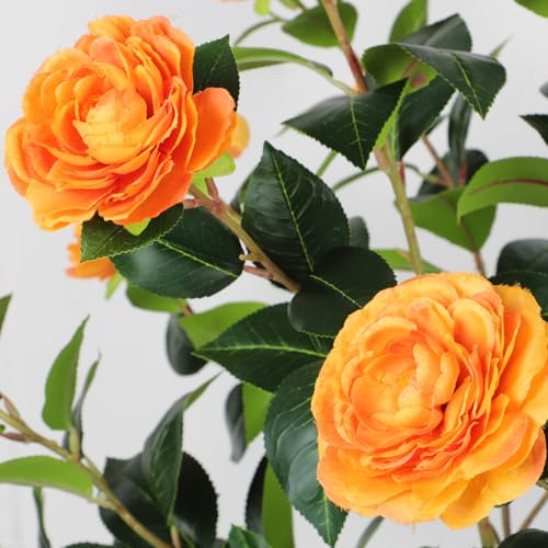 47” Artificial Camellia Tree with Blooming Orange Flowers, Artificial Tree for Indoor Outdoor, Faux Camellia Tree for Modern Home Office Floor Porch Decor, Free Maintenance - color: Orange
