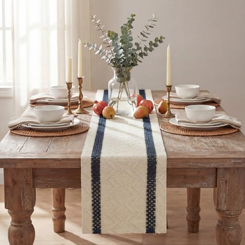 Artoid Mode Dark Blue Stripe Woven Table Runner, Seasonal Holiday Hollow Kitchen Dining Table Decoration for Home Party Decor 12x60 Inch - color: Dark Blue, size: 12" x 60", Table Runner