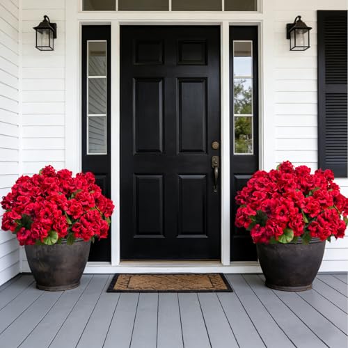Roberly 6 Pcs Artificial Flowers for Outdoors, Red Fake Geranium Flowers UV Resistant Realistic Silk Faux Plants for Spring Summer Front Door Yard Window Box Indoor Home Decor - color: Red