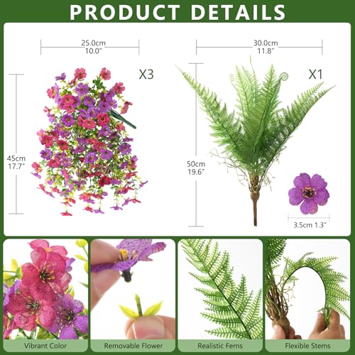 ZFProcess Artificial Fake Hanging Flowers for Outdoors, Silk Daisy with Articial Boston Ferns Plants Set, Realistic Spring Fake Outdoor Flowers UV Resistant Porch Patio Yard Decor - color: Light Purple Red Daisy With Fern