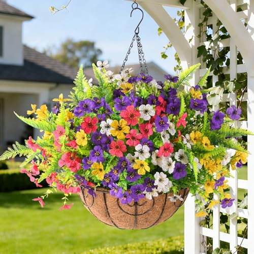 Artificial Flowers Hanging Baskets, Multicolor 12 Bundles Faux Flower with Ferns Outdoor Hanging Basket Spring Summer Decoration, Fake Flowers Plants for Porch Patio Balcony Home Yard Decor - color: Purple Rose Red White Yellow
