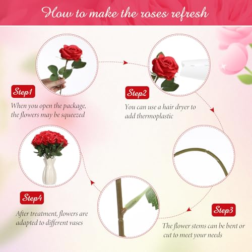 Lyrow 200 Pcs Artificial Roses Realistic Flowers Bulk Real Looking Fake Silk Rose Bouquets with Long Stem Flowers for Wedding Table Centerpieces Bridal Shower Party Home Garden Decor (Red) - color: Red