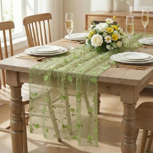 Artoid Mode 3D Flower Green Gauze Embroidery Table Runner 120 Inch 10FT, Tulle Seasonal Spring Kitchen Dining Holiday Table Decor for Home Party - color: Green