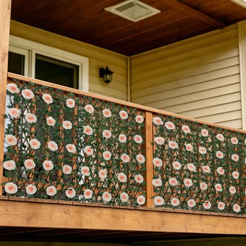 Expandable Fence Privacy Screen with Artificial Flower, Greenery Expandable Stretchable Covers Panel Privacy Fence for Balcony Patio Garden, Single Sided Leaves (Pink Rose, 1 Pack) - color: Pink Rose, size: 1 Pack