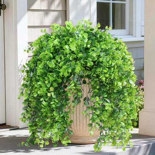 INQCMY Artificial Outdoor Plants Fake Hanging Greenery for Spring Summer Decoration, 4 pcs Realistic Faux Hanging Eucalyptus for Home Outside Garden Porch Patio Planters Basket - color: Eucalyptus
