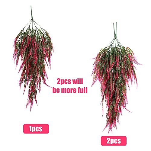 RECUTMS 4 Pcs Artificial Hanging Boston Ferns Plants Faux Fern Leaves Greenery Wall Decor for Outdoors Indoor Garden Weddin (Pink) - color: Pink