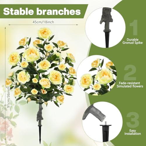 Lunmon 2 Pack 3ft Artificial Camellia Plants Tree 36" Faux Camellia Flower with Spike UV Resistant Realistic Fake Floral Blooming Bush for Indoor Outdoor Front Door Porch Backyard Garden, Yellow - color: Yellow, size: 3 ft