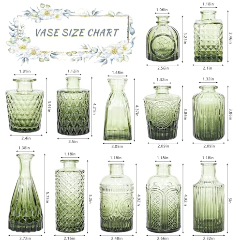 SUPMIND 12pcs Glass Bud Vase Set, Small Green Flower Vases for Centerpieces in Bulk, Mini Vintage Vase for Wedding, Home,Table Decoration - color: Green, size: 12Pcs