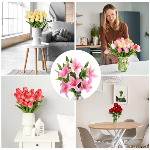 PATIKIL Lily Fake Flowers, 3PCS Lily Artificial Flowers Artificial Lily Silk Faux Flowers in Vase Real Touch for Home Decor Centerpiece Table Decorations Dining Room, Pink - color: Pink