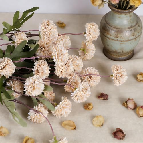 5pcs Beige Faux Silk Mums Artificial Flowers, Bulk Fake Small Mini Chrysanthemums with Stems for DIY Champagne Wedding Centerpieces Floral Arrangements Vase Fillers Home Decorations