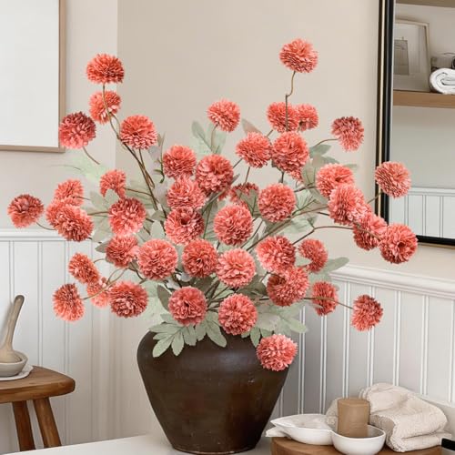 INQCMY Artificial Flowers 12 Pcs Fake Chrysanthemums Faux Kiku Flower Long Stem 20" Realistic Silk Pompon Mums for Vase Wedding Bouquets Centerpieces Home Decor (Deep Orange) - color: Deep Orange