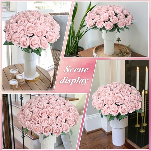 50 PCS Roses Artificial Flowers, Fake Roses with Stem Realistic Blush Silk Rose for DIY Wedding Bouquets Table Centerpieces Arrangements Baby Shower Birthday Home Decor Valentines Day Gift for Her - color: Blush