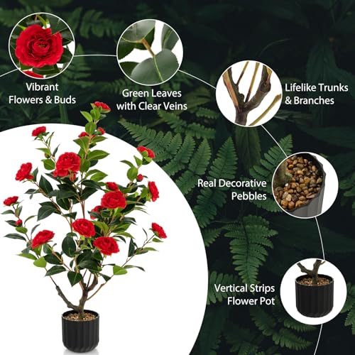 Goplus 38’’ Artificial Camellia Tree, 2 Pack Flower Plants Artificial Tree, Faux Floral Plant Blooming Tree in Cement Pot, Greenery Potted Plant for Indoor Outdoor Office Home Porch Decor - color: Red, size: 38 inch×2