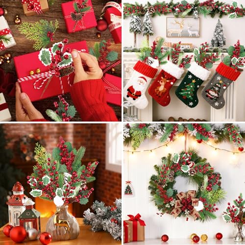 Pinecones Red Berry Picks Stems Christmas Floral Picks and Sprays 12 Pcs Christmas Holly Artificial Pine Pick Artificial Faux Pine Berry Holly Stems Berry Branches for Crafts Wreath Garland Tree Decor - color: Red and Green