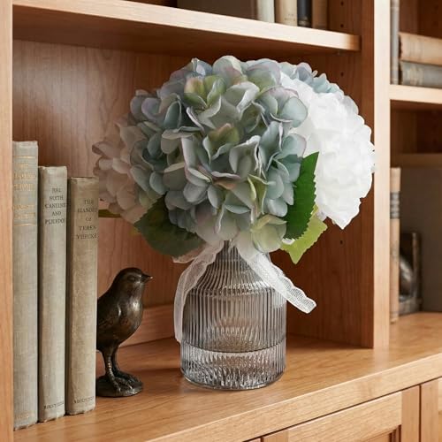 Fake Flowers in Vase,11" Small Full Silk Hydrangea Artificial Flowers Arrangment for Bathroom Bedroom Office Desk Decor White Faux Flower Decor (Blue in Black Vase) - color: Blue in Black Vase