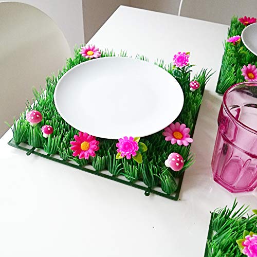 Artificial Grass Place Mat Set of 4 | Flower Table Mats for Tea Party, Garden Party, Kids Birthday, Fairy & Unicorn Decorations | 10x10 Inch Green Placemats